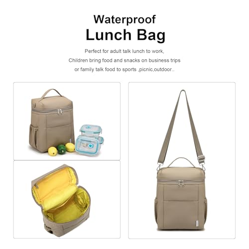 NOL Insulated Lunch Bags for Women Cooler Bag Lightweight Nylon Waterproof Lunch Box for Work Khaki Large 12L