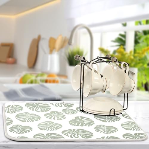 Green Palm Monstera Leaves Dish Drying Mat for Kitchen Counter Absorbent Microfiber Drying Pad