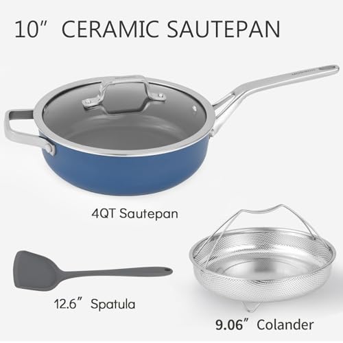 10-in-1 Blue Ceramic Nonstick Deep Saute Pan Set With Steamer & Lid, 4QT
