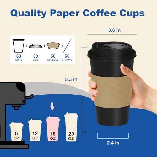 16 oz 50 Pack Coffee Cups with Lids and Sleeves (50 Count)