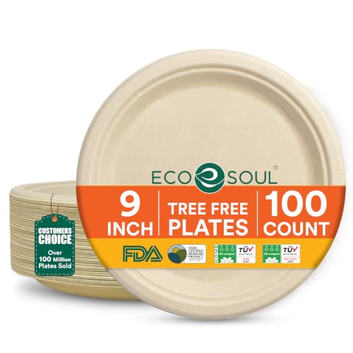 9 Inch Disposable Bagasse Paper Plates (100 Count)