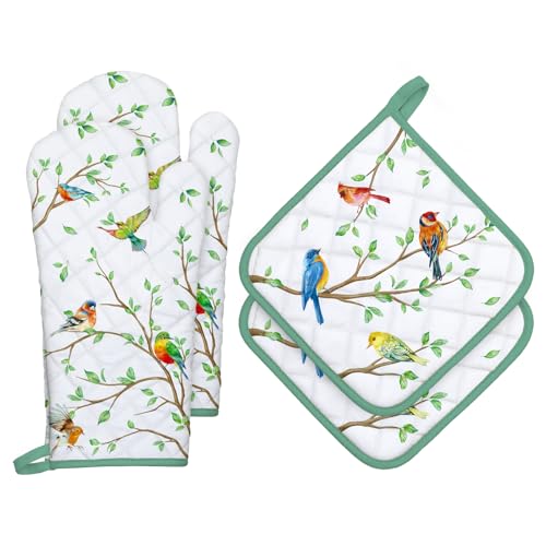 Bird Branch Oven Mitts and Pot Holders Sets 4Pcs (2 Count)