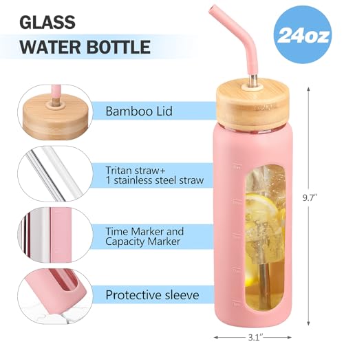 24oz Glass Water Bottle with Straw and 2 Lids