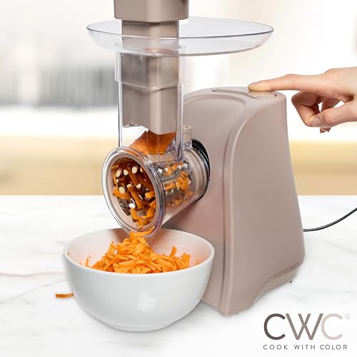 5-in-1 Electric Slicer, 150W Food Prep Machine – Parmesan Shredder, Fine & Coarse Graters, Potato Grater, Vegetable Slicer, Compact Design for Bowl Prep, Warm Grey