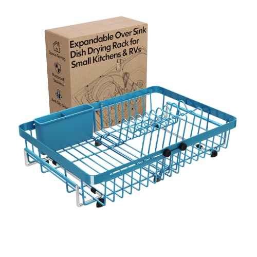 Blue Expandable Dish Drying Rack Over The Sink with Anti Slip Grip