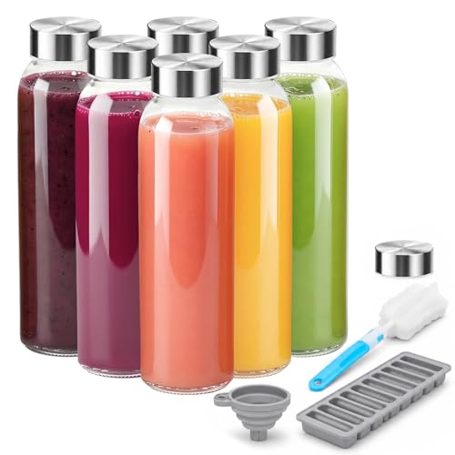 18 oz Clear Glass Juice Bottles with Stainless Steel Lids Leak Proof (6 Count)