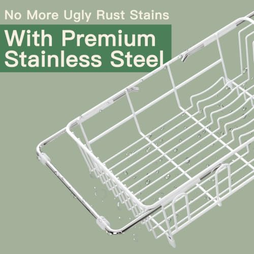 White Expandable Dish Drying Rack Over Sink with Extra Drying Mat