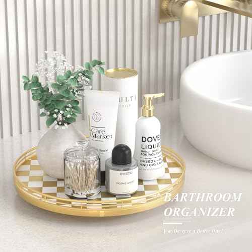 13 Inch Gold and White Checkerboard Lazy Susan with Rubberwood Base