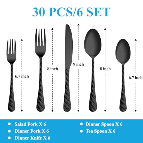 30 Pcs Black Hammered Silverware Set Service for 6 (30 Count)