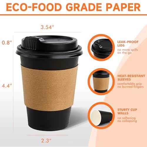 50 Pack 12 oz Disposable Coffee Cups with Lids and Sleeves (50 Count)