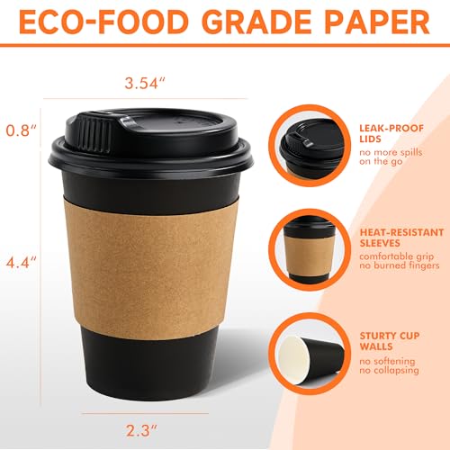 100 Pack 12 oz Disposable Coffee Cups with Lids and Sleeves (100 Count)