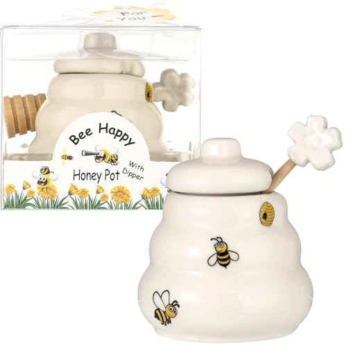 Ceramic Bee Happy Honey Pot with Dipper (12 Count)
