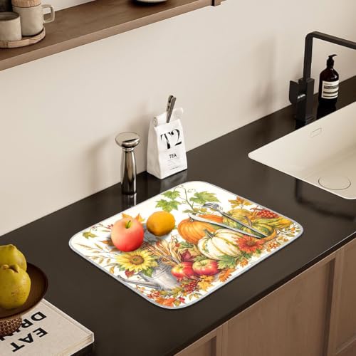 Autumn Fall Harvest Pumpkins Dish Drying Mat for Kitchen Counter Absorbent Microfiber Small Drying Pad Dish mats for Kitchen Countertops 16 x 18 Inch