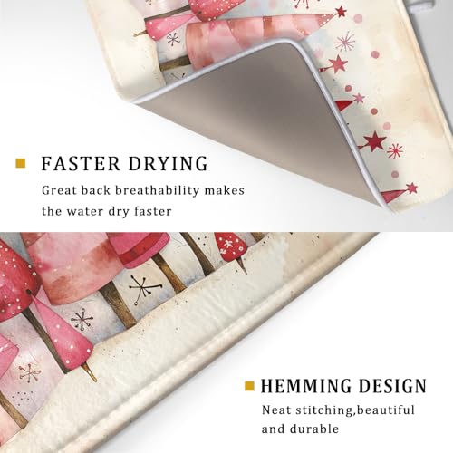 Pink Trees Dish Drying Pad Christmas Snowflake Decorative Drying Mats for Coffee Bar Kitchen Counter 18 X 24 Inch