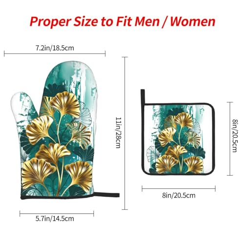 Teal Gold Green Leaves Oven Mitts and Pot Holders Set of 3 (3 Count)