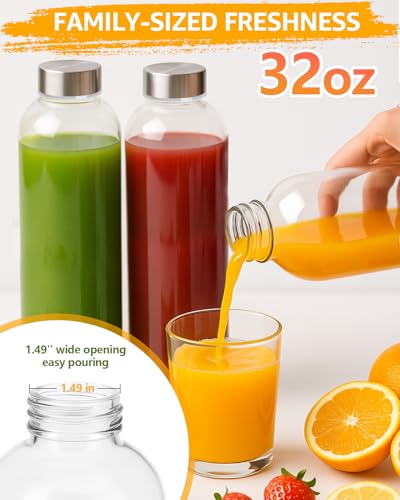 Clear Glass Water Bottles with Stainless Steel Lids 32 oz (3 Count)