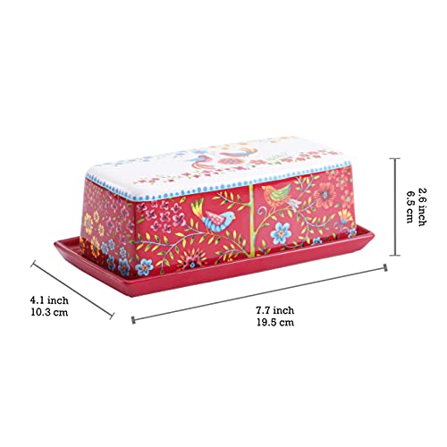Red Spring Bird Ceramic Butter Dish with Lid