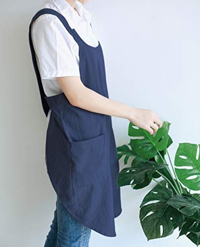 Japanese Linen Cross Back Kitchen Cooking Aprons for Men with Pockets for Baking Painting Gardening Cleaning Navy Blue