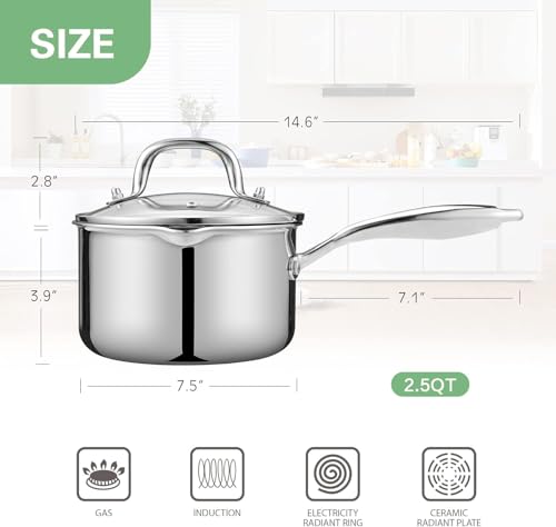Tri Ply Stainless Steel Sauce Pan with Steamer Basket & Strainer Glass Lid