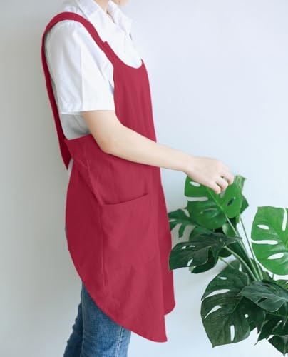 Japanese Linen Cross Back Kitchen Cooking Aprons for Men with Pockets for Baking Painting Gardening Cleaning Dark Red