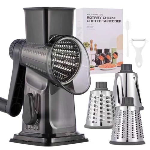 Rotary Cheese Grater with Handle Kitchen Shredder Slicer Grater Slicer Ice Shaver Cheese Vegetable Nuts Potato Zucchini Chocolate 3 Interchangeable Blades