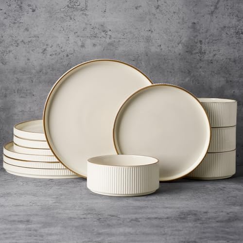Plates and Bowls Set with Rim (12 Count)