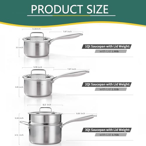Tri Ply Stainless Steel Saucepan 1QT 2QT 3.5QT Kitchen Pot Set