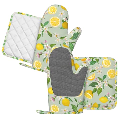 Lemon Oven Mitts Pot Holders Set Silicone Lemon Paper Yellow Citrus Fruit Lemons Kitchen Oven Mitts Heat Resistant Potholders Non (4 Count)