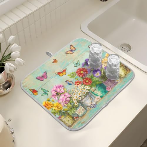 Spring Floral Butterfly Rustic Dish Drying Mat for Kitchen Counter Absorbent Microfiber Small Drying Pad Dish mats for Kitchen Countertops 16 x 18 Inch