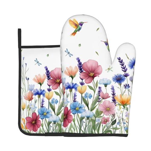 Spring Floral Oven Mitts and Pot Holder 2Pcs Hummingbird Flower Heat Resistant Kitchen Glove Washable Potholder for Baking Cooking Grilling