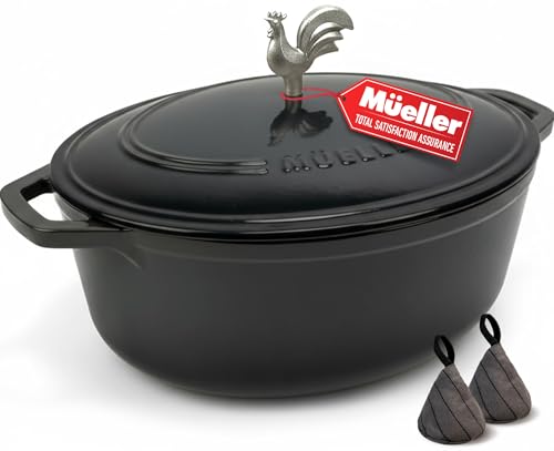 MUELLER HOME 5.5 Quart Enameled Cast Iron Oval Dutch Oven with Rooster Knob & Cotton Potholders