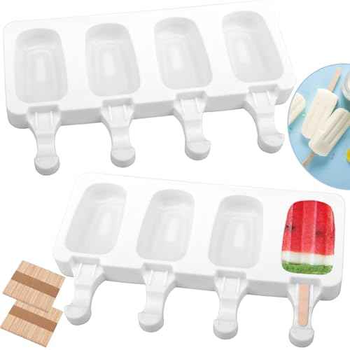 2 Set Silicone Popsicle Molds 4 Cavities Ice Cream Oval Cake Molds with 100 Sticks (2 Count)