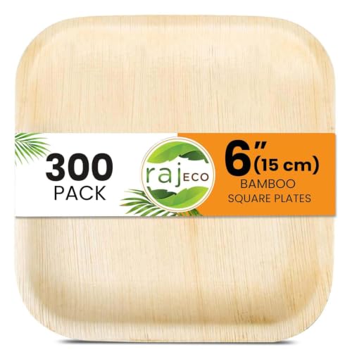 Raj Bamboo Disposable Heavy Duty 6" Square Plates 300 Pack (300 Count)