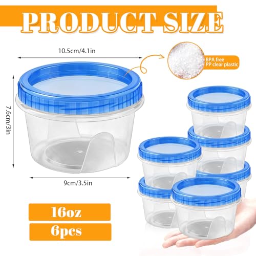 6 Pack Freezer Containers with Screw On Lids 16 Oz (6 Count)