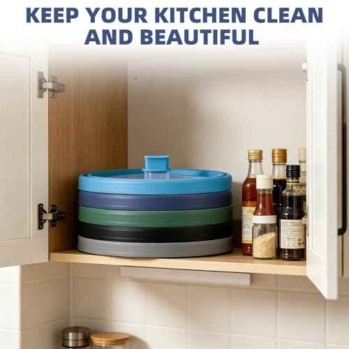 Tall Microwave Splatter Cover Glass Cover Guard Lid 5.8 inch Height with Collapsible Silicone for Food Pot Plate 10.8 inch Dark Blue