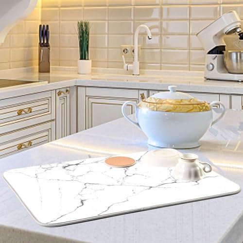 White Grey Marble Dish Drying Mat for Kitchen Counter Absorbent Microfiber Drying Pad