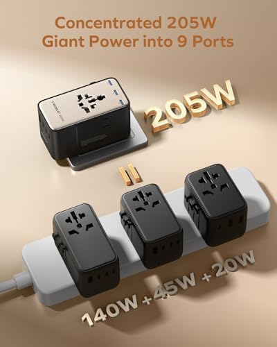 9-in-1 High-Power Universal Travel Adapter, 205W GaN Worldwide Charging Hub with 6 USB-C & 1 USB-A, AC Outlet, Type A/C/G/I Plugs for 200+ Countries, Safe for Laptops, Phones, Cruise Ready
