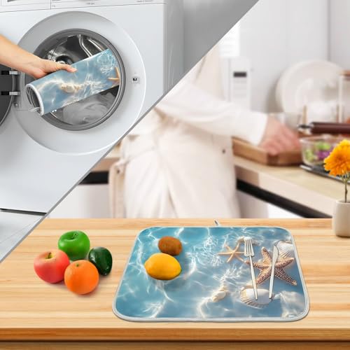 Starfish and Seashell on The Summer Beach Dish Drying Mat for Kitchen Counter Absorbent Microfiber Large Drying Pad Dish Mats for Kitchen Countertops 18 x 24 Inch