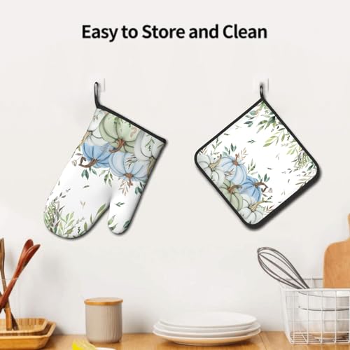 Fall Blue Pumpkin Oven Mitts and Pot Holder Set of 2 Autumn Harvest Heat Resistant Kitchen Oven Gloves Hot Pads for Baking Cooking Grilling