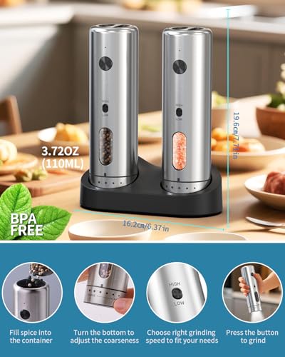 Electric Salt and Pepper Grinder Set with Rechargeable Base Upgraded Stainless Steel Automatic Salt and Pepper Shakers with 2 Grinding Speeds (2 Count)