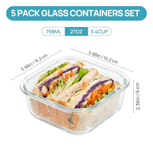 5Pack 27oz Glass Food Storage Containers with Lids (5 Count)