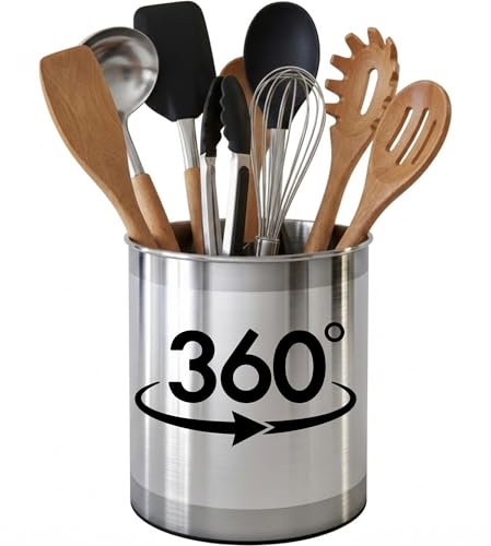 Rotating Extra Large Stainless Steel Utensil Holder Caddy with Sturdy No