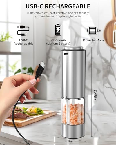 Electric Pepper Grinder Stainless Steel Rechargeable Pepper Mill with Variable Grinding Speed