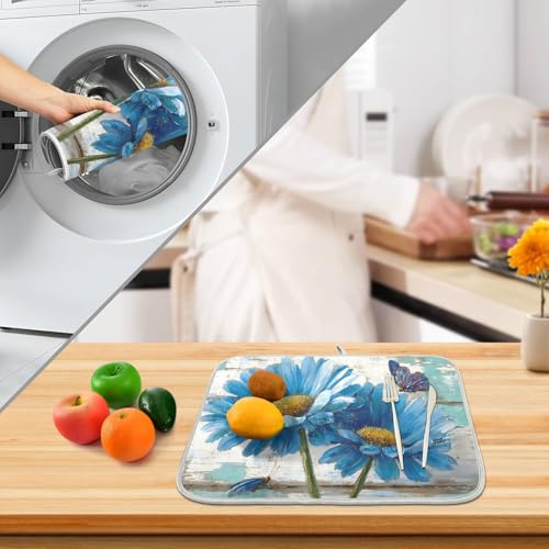 Rustic Daisy Blue on Vintage Wooden Dish Drying Mat for Kitchen Counter Absorbent Microfiber Large Drying Pad Dish Mats for Kitchen Countertops 18 x 24 Inch