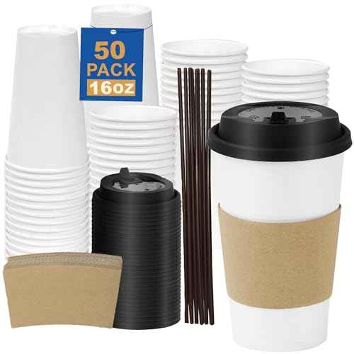 16 oz 50 Pack Coffee Cups with Lids and Sleeves (50 Count)