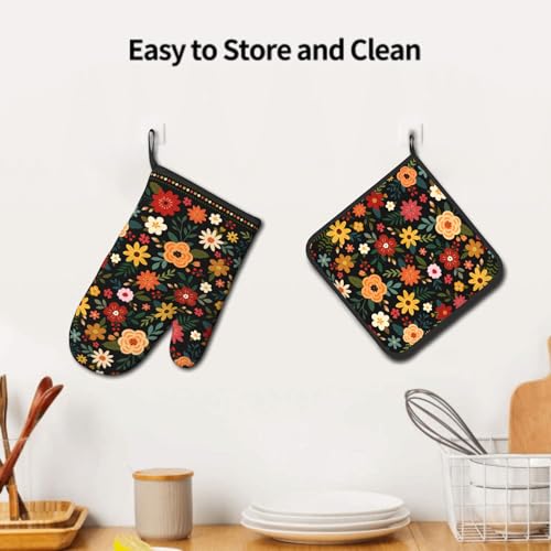 Boho Floral Oven Mitts and Pot Holder Set of 2 Colorful Flower Heat Resistant Hot Pads Non Slip Washable for Kitchen Cooking Grilling BBQ