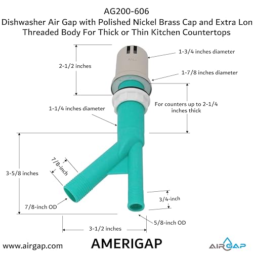 Dishwasher Air Gap with Skirted Polished Nickel Brass Cap and Extra Long Threaded Body for Thick or Thin Kitchen Countertops