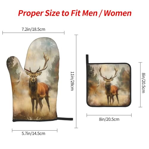 Deer Art Oven Mitts and Pot Holders Sets of 3 Heat Resistant Oven Gloves Hot Pads Non (4.33 Count)