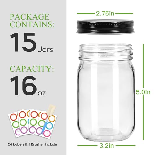 Glass Mason Jars 16 oz (16 Fl Oz)