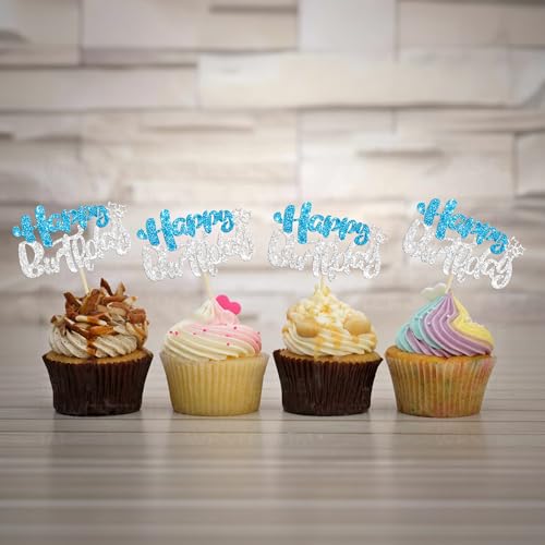 24Pcs Happy Birthday Cupcake Toppers Double Layer Glitter Happy Birthday Cake Decorations for Winter Wonderland Baby Shower Theme Anniversary Party Decorations Supplies Blue Silver (24 Count)